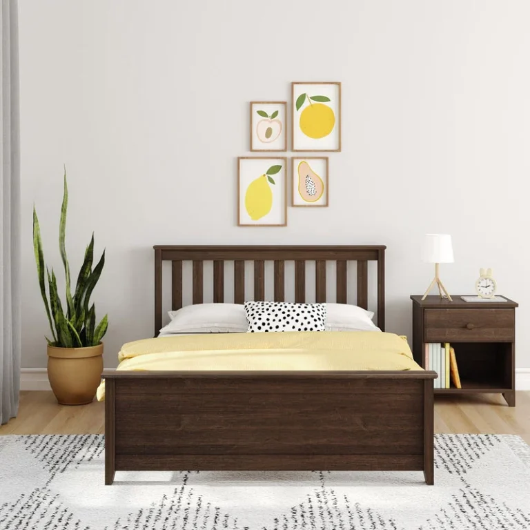Max And Lily Full Size Platform Bed Walnut Front View Max and Lily Full Size Platform Bed in Walnut - front view in a styled bedroom showing the tall slatted headboard, low footboard, and a nightstand with lamp