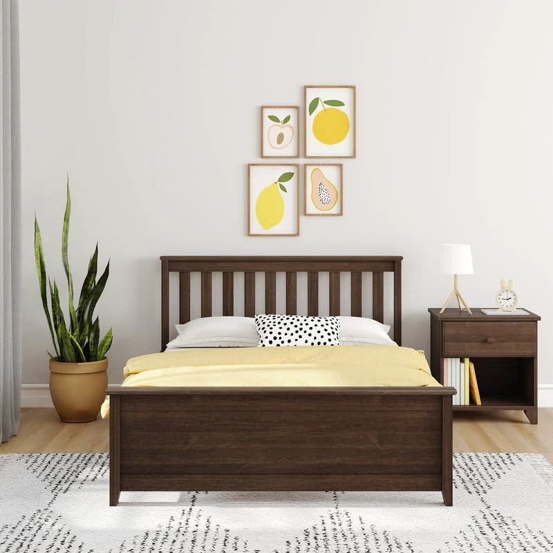 Max And Lily Full Size Platform Bed Walnut Front View Max and Lily Full Size Platform Bed in Walnut - front view in a styled bedroom showing the tall slatted headboard, low footboard, and a nightstand with lamp