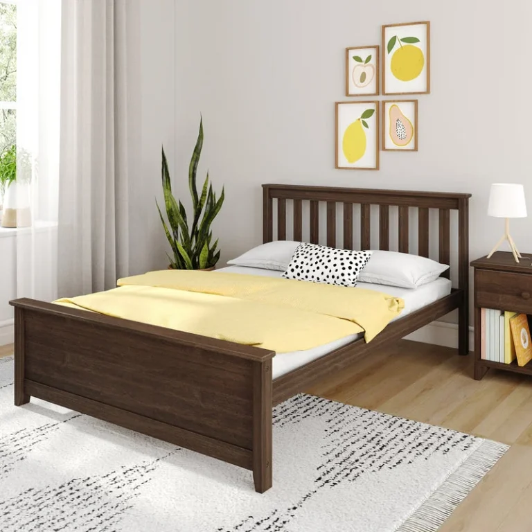 Max And Lily Full Size Platform Bed Walnut Room Scene 60561 Max and Lily Full Size Platform Bed in Walnut - angled room scene with a slatted headboard, yellow bedding, and a nightstand beside a bright window