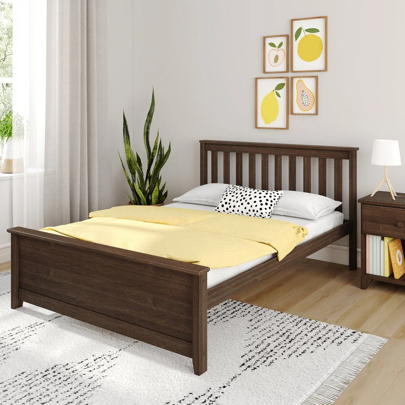 Max And Lily Full Size Platform Bed Walnut Room Scene 60561 Max and Lily Full Size Platform Bed in Walnut - angled room scene with a slatted headboard, yellow bedding, and a nightstand beside a bright window