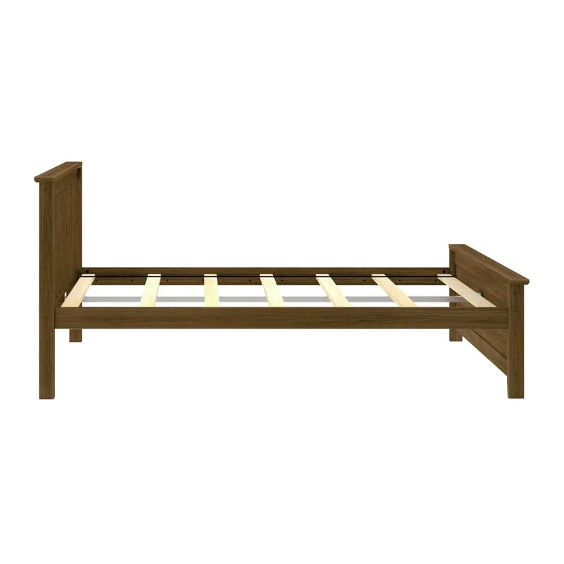 Max And Lily Full Size Platform Bed Walnut Side View Max and Lily Full Size Platform Bed in Walnut - side profile of the frame showing the headboard height, footboard, and wooden mattress support slats