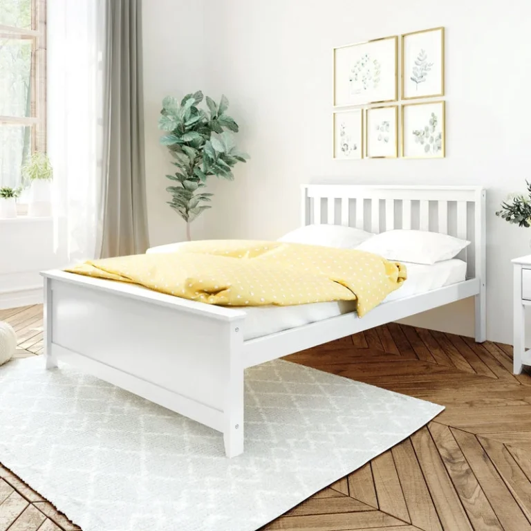 Max And Lily Full Size Platform Bed White Room Scene Max and Lily Full Size Platform Bed in White - platform bed with slatted headboard dressed in yellow bedding in a bright bedroom with hardwood floors