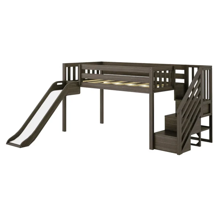 Max and Lily Low Loft Bed With EZ Slide and Staircase in Clay - full product view on a white background showing the slide, safety guardrails, slatted base, and staircase.