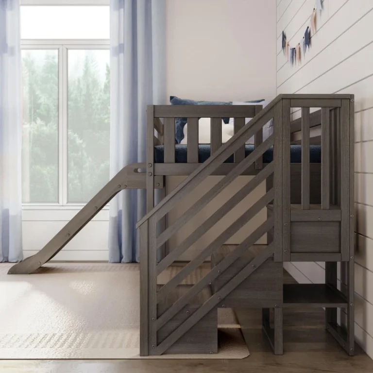Max and Lily Low Loft Bed With EZ Slide and Staircase in Clay - side angle in a bedroom showing the slide on the left and the staircase with railing on the right.