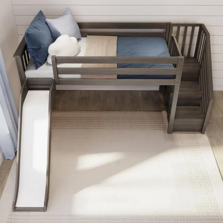 Max and Lily Low Loft Bed With EZ Slide and Staircase in Clay - overhead view of the mattress, safety guardrails, slide, and staircase.