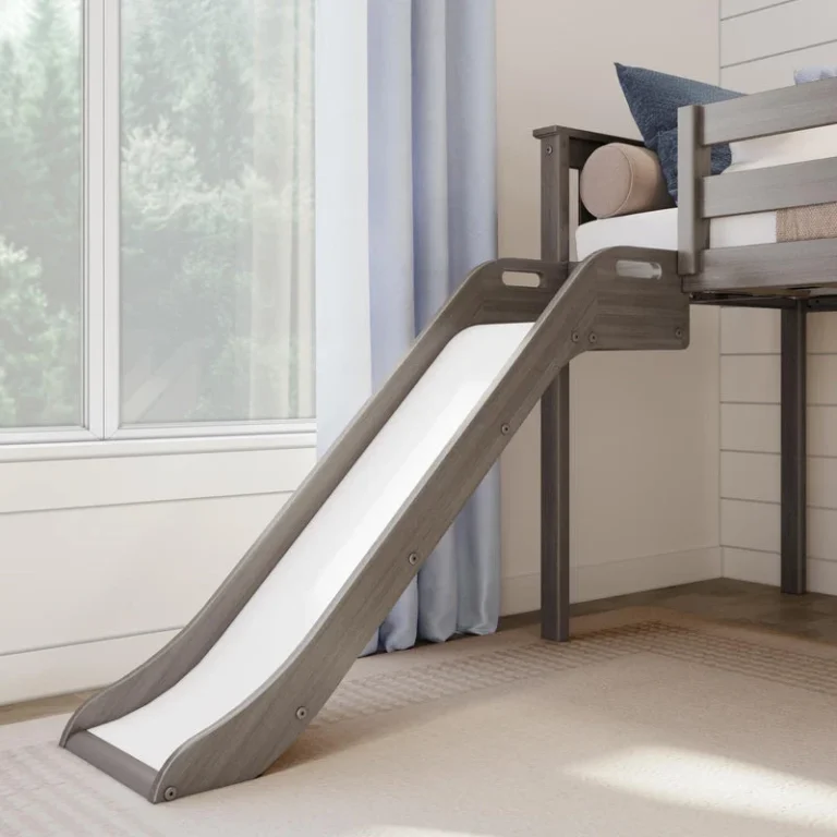 Max and Lily Low Loft Bed With EZ Slide and Staircase in Clay - close-up of the EZ slide descending from the loft down to the floor.