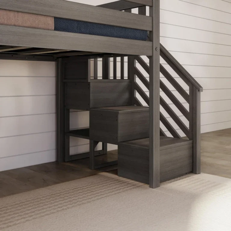 Max and Lily Low Loft Bed With EZ Slide and Staircase in Clay - close-up of the staircase steps and diagonal railing beneath the loft bed.