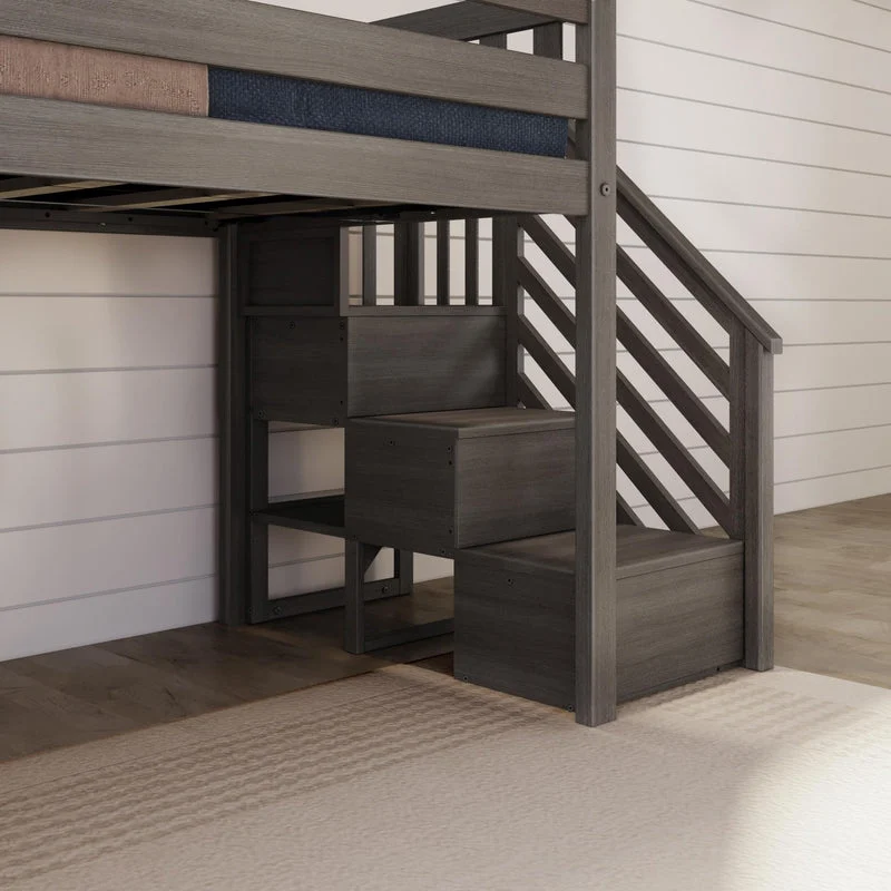 Max and Lily Low Loft Bed With EZ Slide and Staircase in Clay - close-up of the staircase steps and diagonal railing beneath the loft bed.