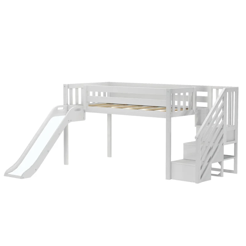 Max and Lily Low Loft Bed With EZ Slide and Staircase in White - angled studio view of the low loft frame with attached slide and staircase