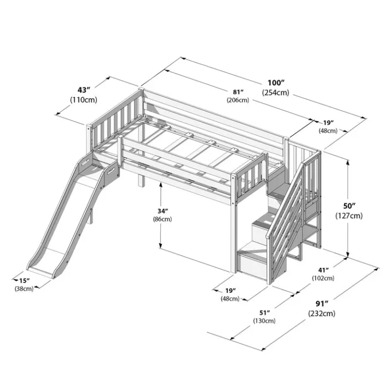 Max and Lily Low Loft Bed With EZ Slide and Staircase - dimensions diagram with measurements for the bed, slide, and staircase