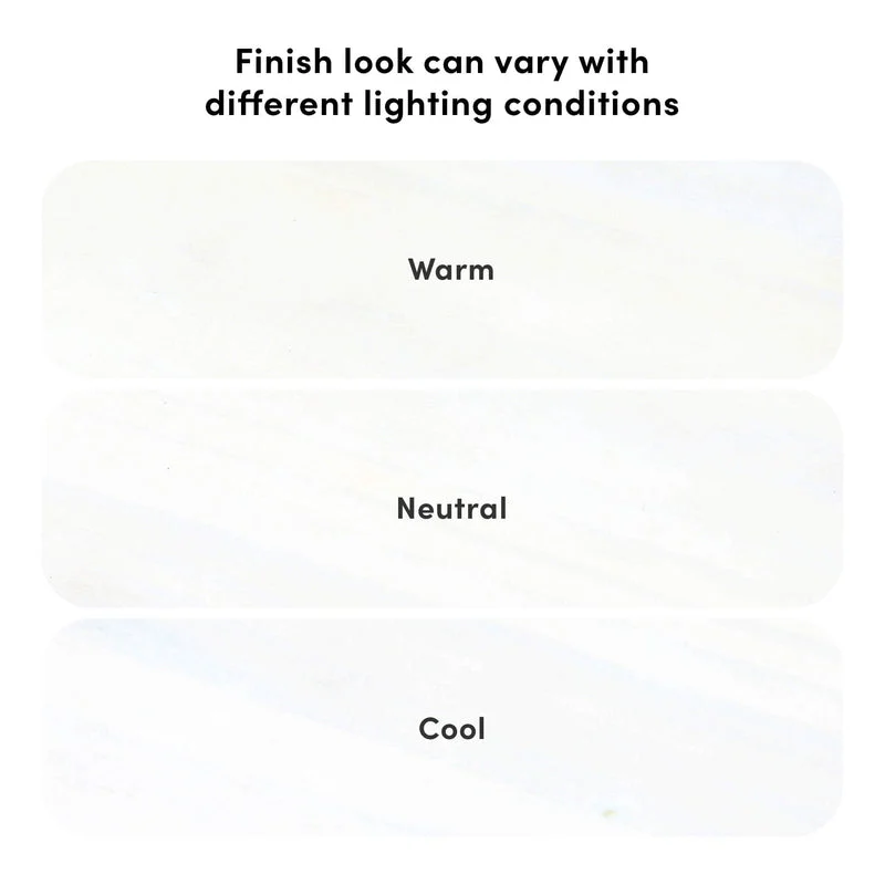 Max and Lily Low Loft Bed With EZ Slide and Staircase in White - diagram showing how the finish look varies under warm, neutral, and cool lighting conditions