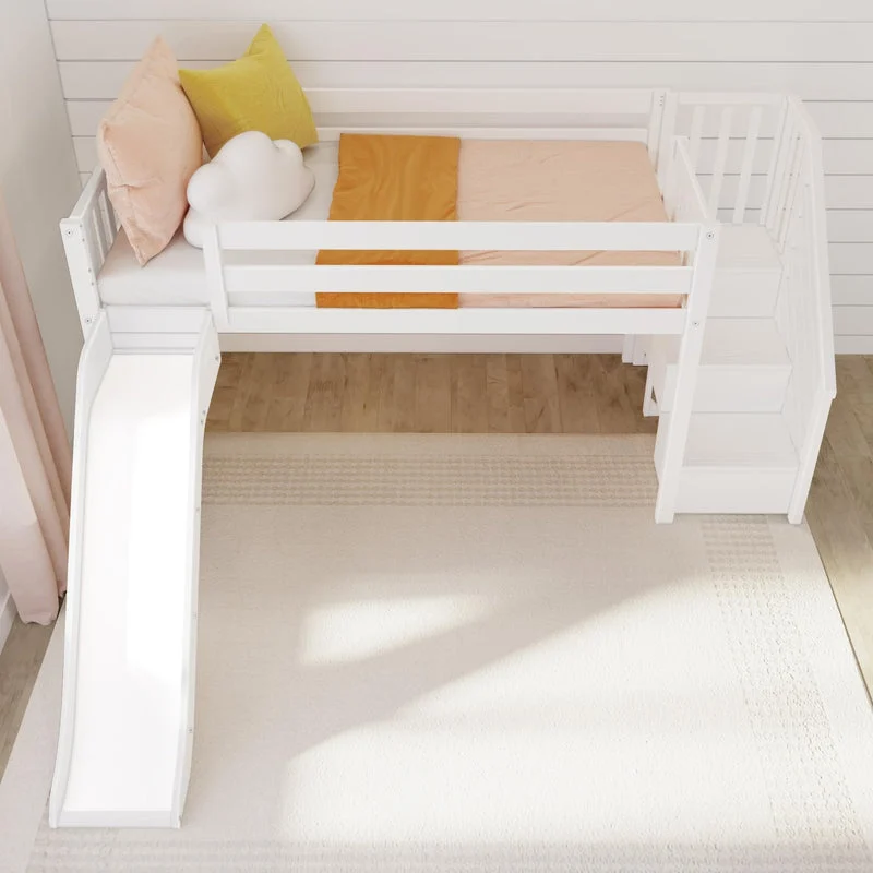 Max and Lily Low Loft Bed With EZ Slide and Staircase in White - overhead view of the mattress area with the slide and staircase at either end