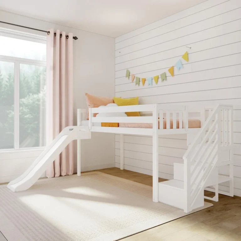 Max and Lily Low Loft Bed With EZ Slide and Staircase in White - full bedroom scene with the slide on one end, the staircase on the other, and pink curtains by the window