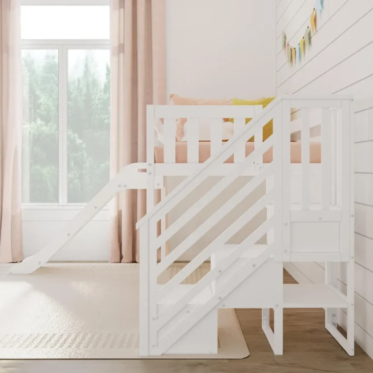 Max and Lily Low Loft Bed With EZ Slide and Staircase in White - side view of the staircase and slide in a bedroom setting