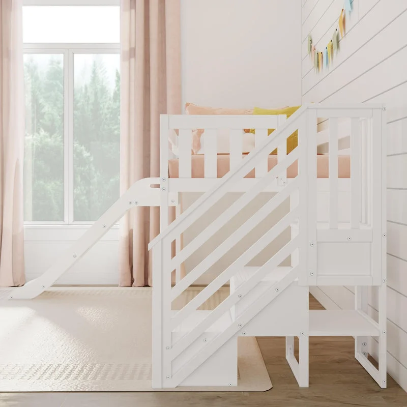 Max and Lily Low Loft Bed With EZ Slide and Staircase in White - side view of the staircase and slide in a bedroom setting