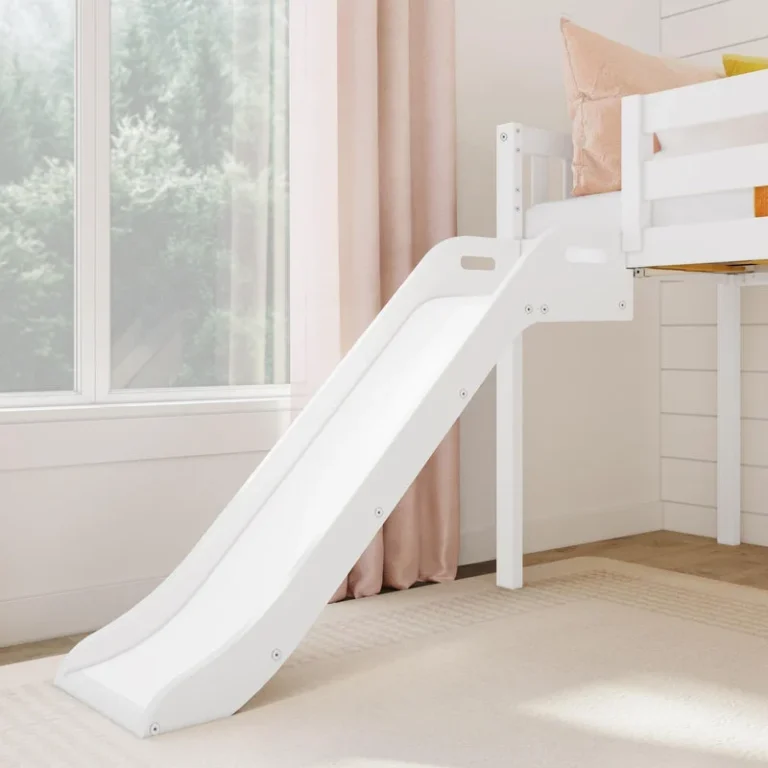 Max and Lily Low Loft Bed With EZ Slide and Staircase in White - close-up of the wave slide descending to the floor beside the window
