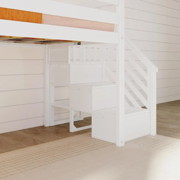 Max and Lily Low Loft Bed With EZ Slide and Staircase in White - under-bed view of the staircase steps and the open space beneath the mattress