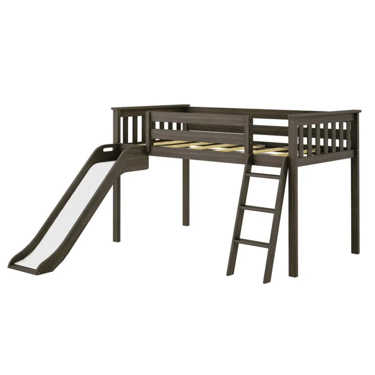 Max And Lily Low Loft Bed With Ez Slide Clay Angle View Max and Lily Low Loft Bed With EZ Slide in Clay - angled product view on a white background showing the slide, safety guardrails and ladder