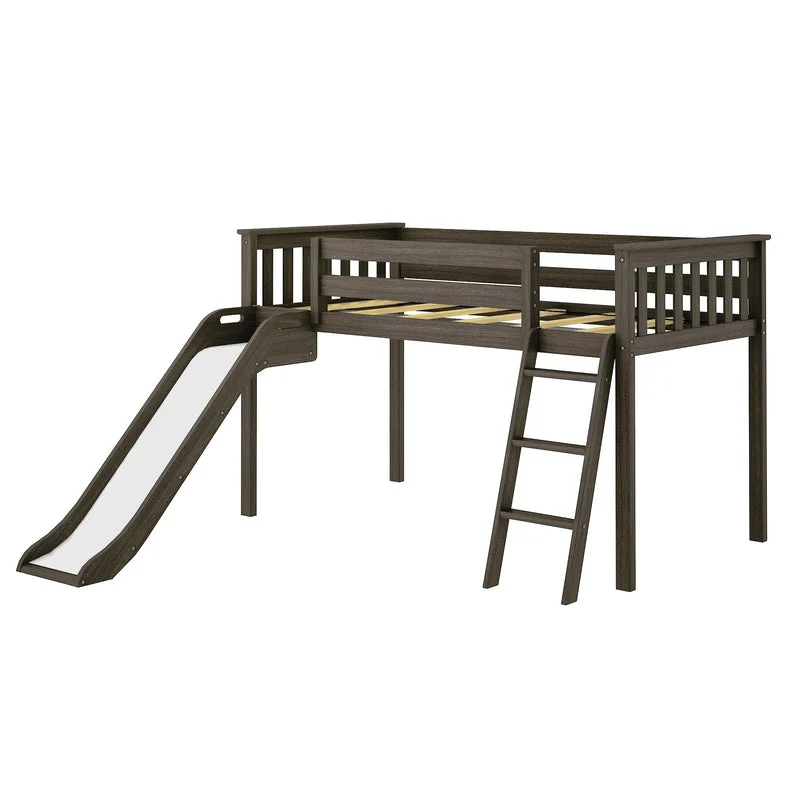 Max And Lily Low Loft Bed With Ez Slide Clay Angle View Max and Lily Low Loft Bed With EZ Slide in Clay - angled product view on a white background showing the slide, safety guardrails and ladder