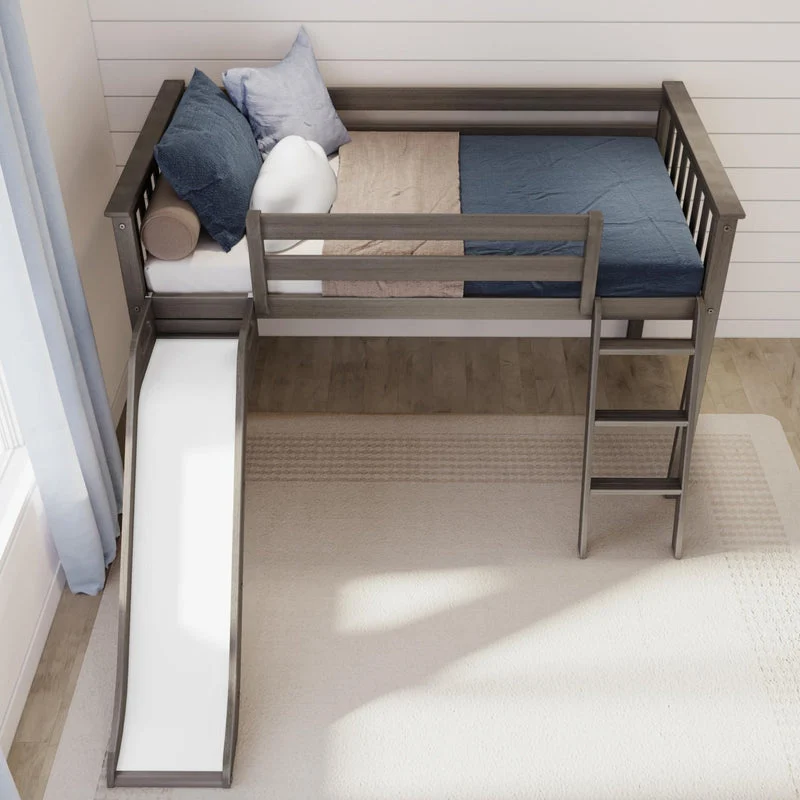 Max And Lily Low Loft Bed With Ez Slide Clay Overhead View Max and Lily Low Loft Bed With EZ Slide in Clay - overhead view of the made bed with pillows, guardrails, slide and ladder