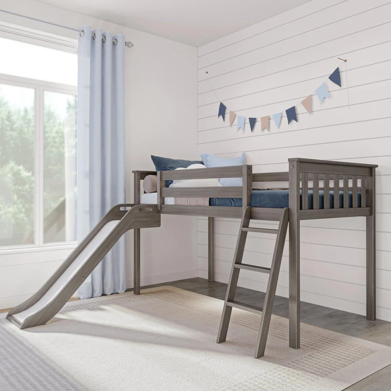 Max And Lily Low Loft Bed With Ez Slide Clay Room Scene Max and Lily Low Loft Bed With EZ Slide in Clay - full loft bed with attached slide and angled ladder in a styled kids bedroom with a window and pennant banner
