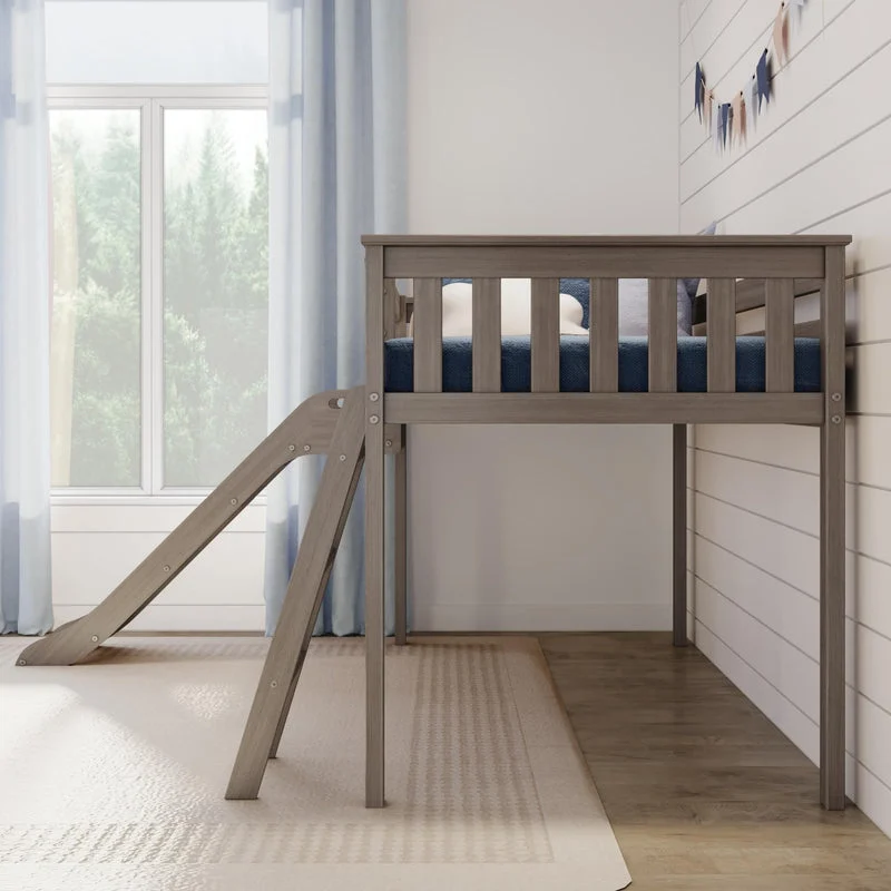 Max And Lily Low Loft Bed With Ez Slide Clay Side View Max and Lily Low Loft Bed With EZ Slide in Clay - side view showing the slide, guardrails and open storage space beneath the bed