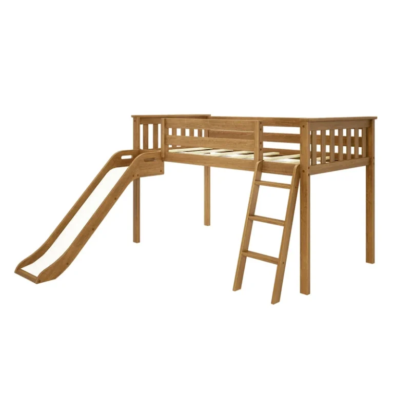 Max And Lily Low Loft Bed With Ez Slide Pecan Angle View Max and Lily Low Loft Bed With EZ Slide in Pecan - full product view on a white background showing the slatted guardrails, angled ladder and attached slide.