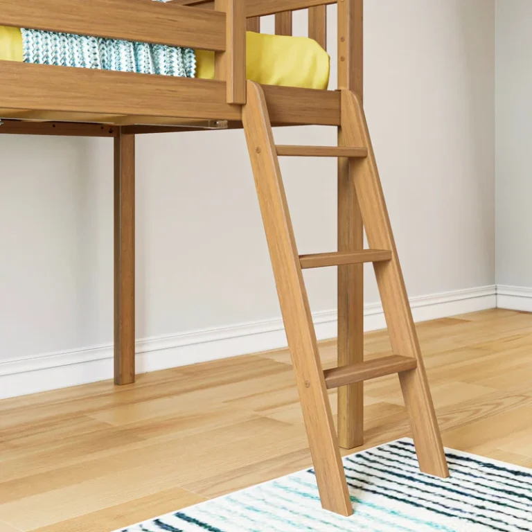 Max And Lily Low Loft Bed With Ez Slide Pecan Ladder Detail Max and Lily Low Loft Bed With EZ Slide in Pecan - close-up of the angled wooden ladder attached to the bed frame above a striped rug.