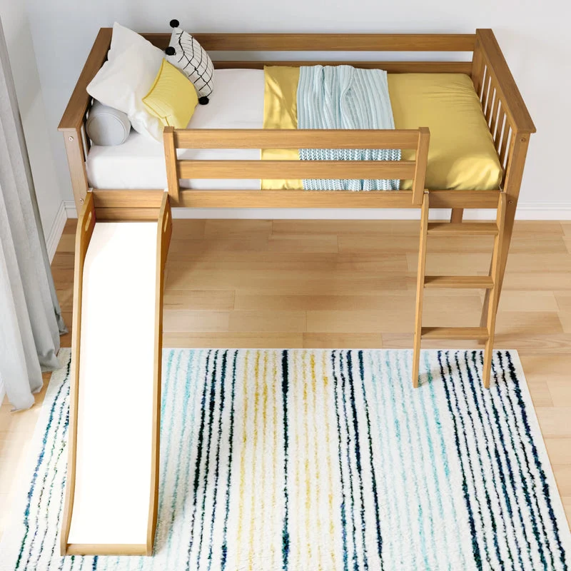 Max And Lily Low Loft Bed With Ez Slide Pecan Overhead View Max and Lily Low Loft Bed With EZ Slide in Pecan - overhead view showing the mattress with bedding, the angled ladder and the white slide.