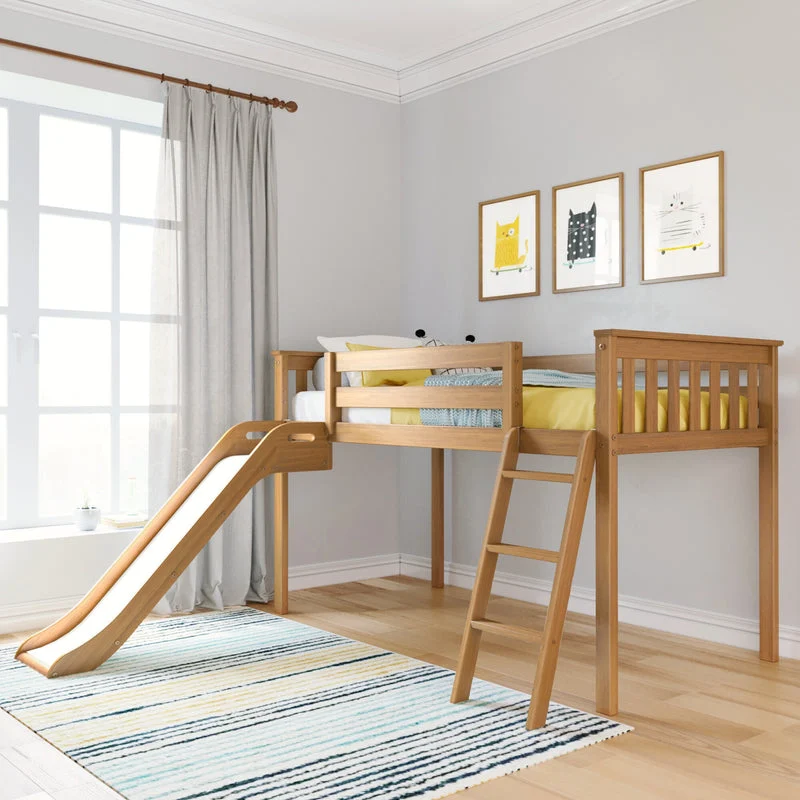 Max And Lily Low Loft Bed With Ez Slide Pecan Room Scene Max and Lily Low Loft Bed With EZ Slide in Pecan - angled view in a styled bedroom showing the attached wavy slide, angled ladder, slatted safety guardrails, curtains and a striped rug.