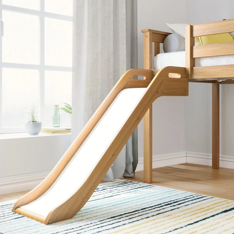 Max And Lily Low Loft Bed With Ez Slide Pecan Slide Detail Max and Lily Low Loft Bed With EZ Slide in Pecan - close-up of the curved white slide attached to the bed frame beside a bright window.