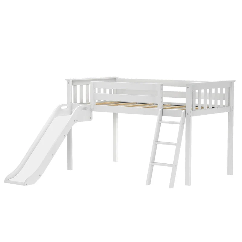Max And Lily Low Loft Bed With Ez Slide White Angle View 3 Max and Lily Low Loft Bed With EZ Slide in White - angle view showing the slide, ladder, guardrails and slatted bed base