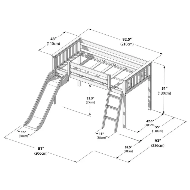 Max And Lily Low Loft Bed With Ez Slide White Dimensions Diagram Max and Lily Low Loft Bed With EZ Slide - dimensions diagram with measurements in inches and centimeters