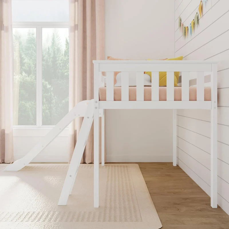 Max And Lily Low Loft Bed With Ez Slide White Front View Max and Lily Low Loft Bed With EZ Slide in White - front view showing the slide and safety guardrails in a bedroom