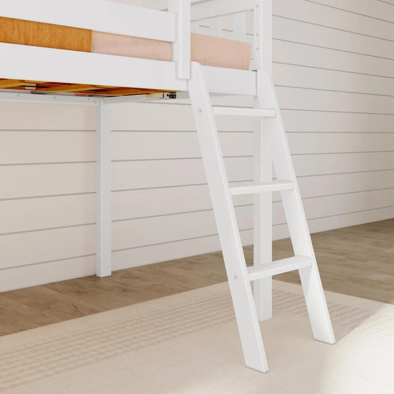 Max And Lily Low Loft Bed With Ez Slide White Ladder Detail Max and Lily Low Loft Bed With EZ Slide in White - close-up of the ladder and the open space under the bed