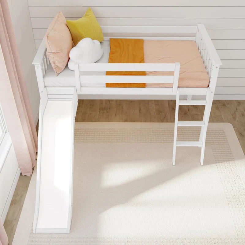 Max And Lily Low Loft Bed With Ez Slide White Top View Max and Lily Low Loft Bed With EZ Slide in White - overhead view of the mattress, pillows, attached slide and ladder