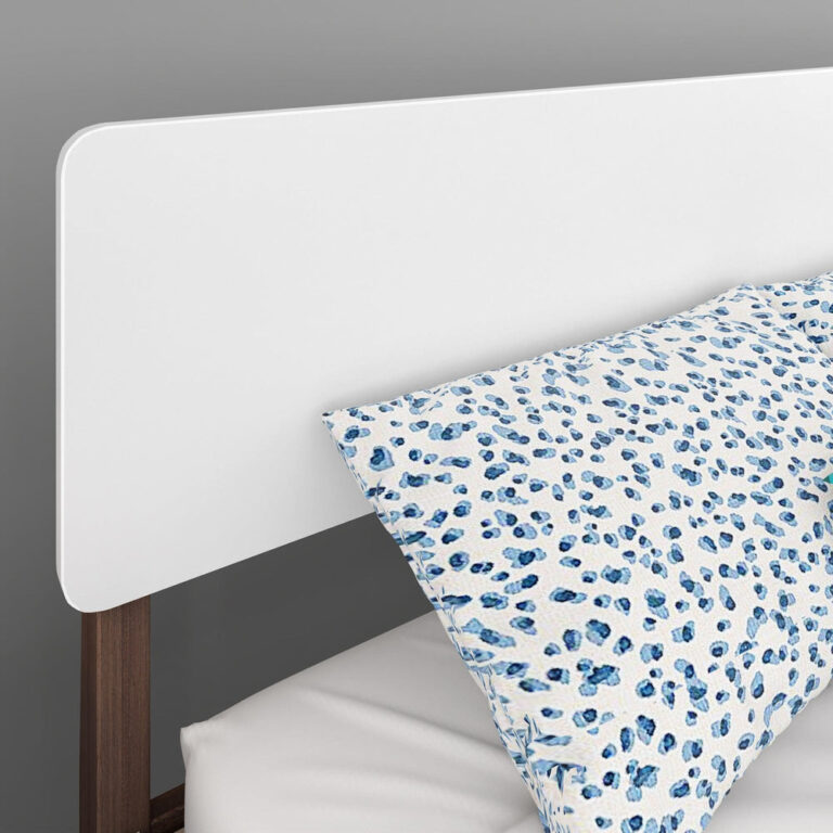 Max and Lily Mid-Century Modern Full Bed - closeup of the rounded-corner headboard panel with a patterned pillow