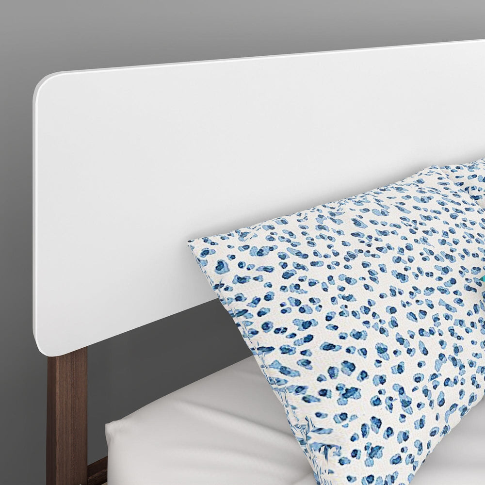 Max and Lily Mid-Century Modern Full Bed - closeup of the rounded-corner headboard panel with a patterned pillow
