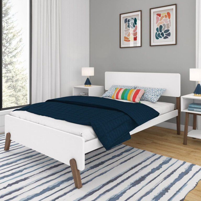 Max and Lily Mid-Century Modern Full Bed - angled room scene with navy quilt, striped pillows, nightstands and framed wall art