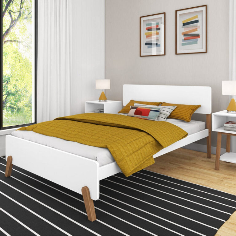 Max and Lily Mid-Century Modern Full Bed in White/Pecan - angled view in a styled bedroom with mustard bedding, nightstands, and a striped rug