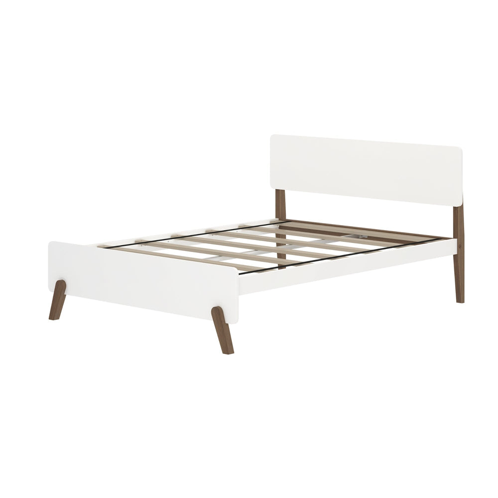 Max and Lily Mid-Century Modern Full Bed in White/Walnut - angle view of the bare frame showing the wooden slat roll foundation, headboard and footboard