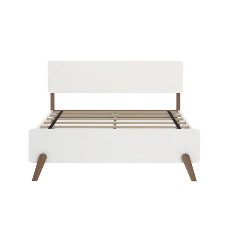 Max and Lily Mid-Century Modern Full Bed in White/Walnut - front view of the bare frame showing the slat foundation and mid-century splayed legs