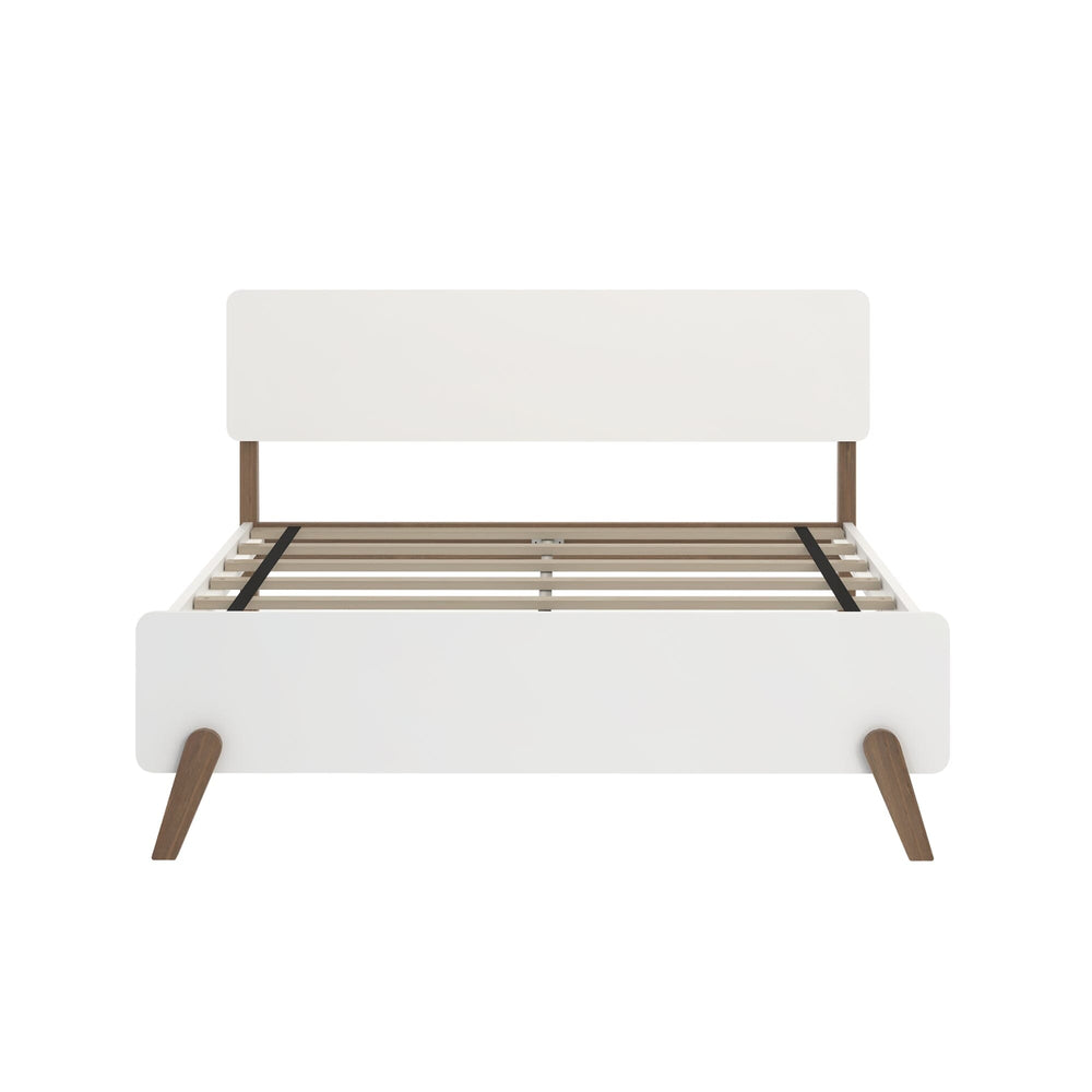 Max and Lily Mid-Century Modern Full Bed in White/Walnut - front view of the bare frame showing the slat foundation and mid-century splayed legs
