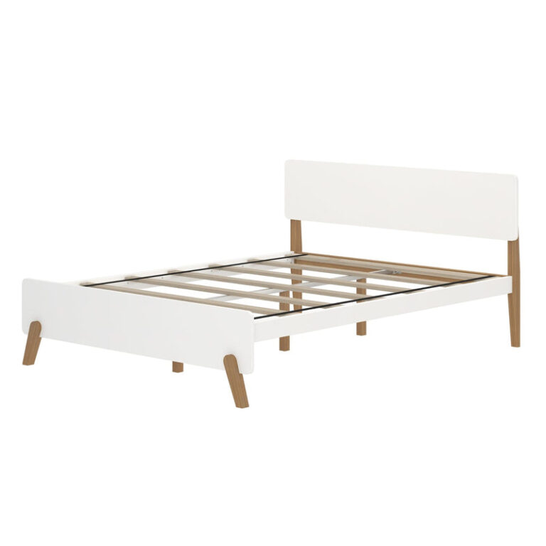 Max and Lily Mid-Century Modern Queen Size Bed in White/Pecan - angled product view of the bare frame showing the rounded headboard, slatted base and tapered wooden legs