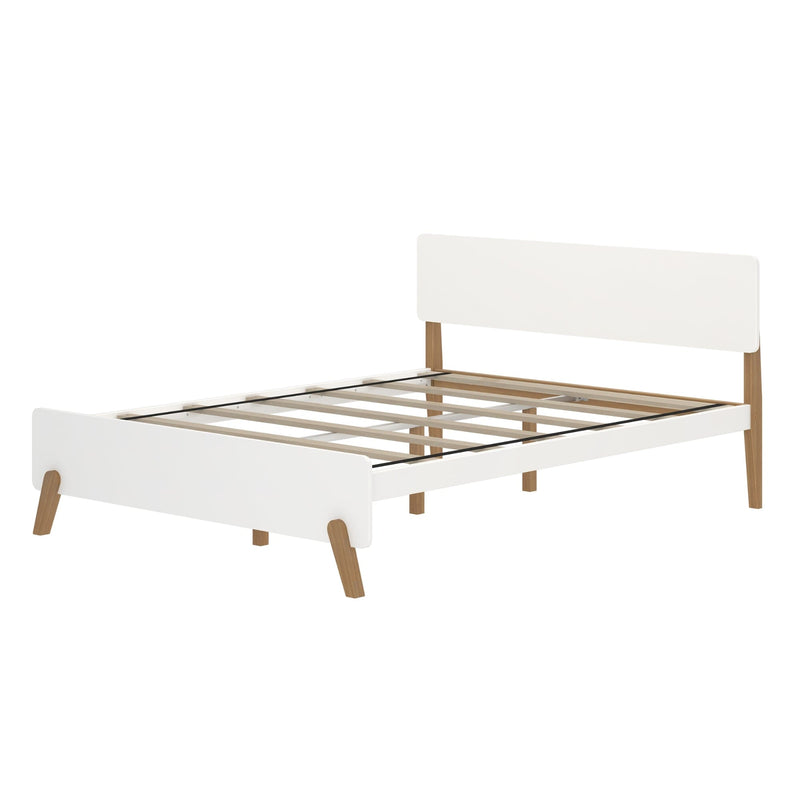 Max and Lily Mid-Century Modern Queen Size Bed in White/Pecan - angled product view of the bare frame showing the rounded headboard, slatted base and tapered wooden legs