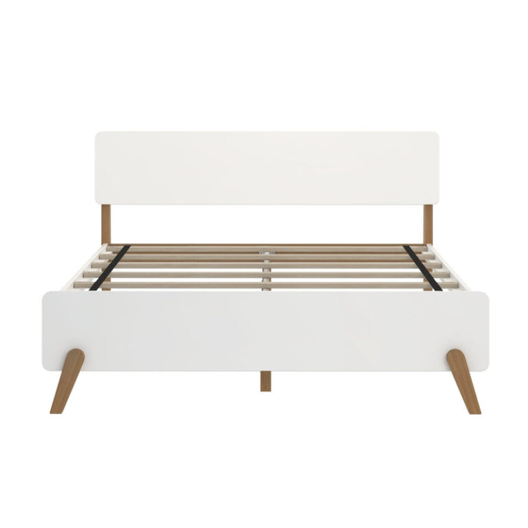 Max and Lily Mid-Century Modern Queen Size Bed in White/Pecan - front product view of the bare frame with rounded headboard, wood slats and angled legs