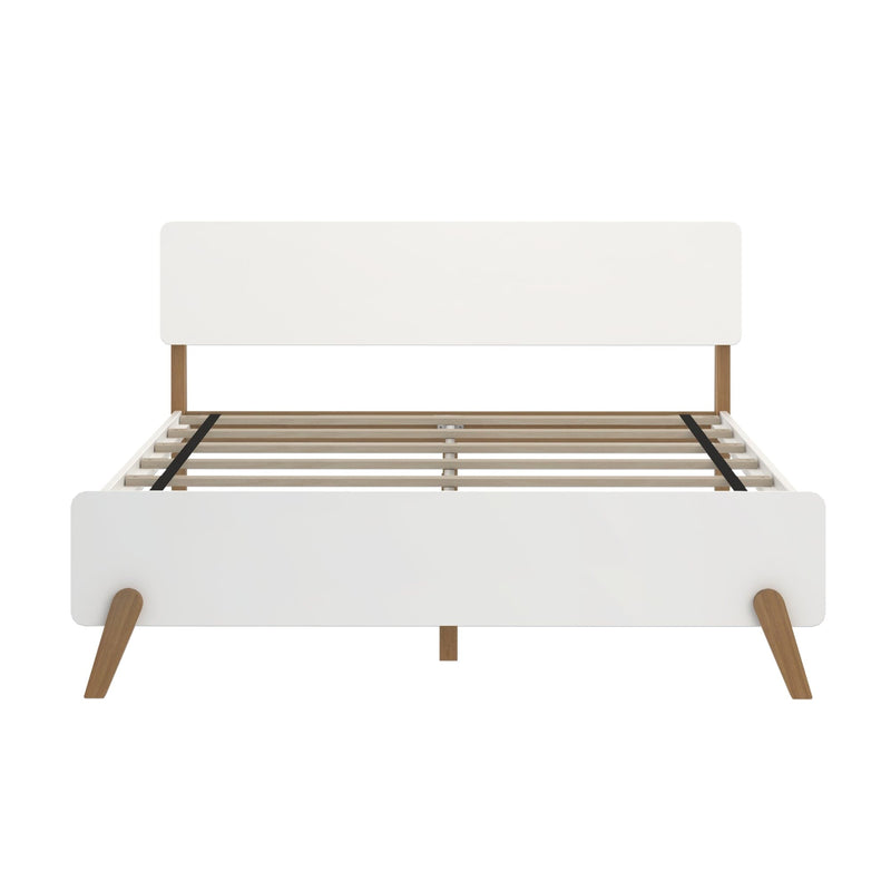 Max and Lily Mid-Century Modern Queen Size Bed in White/Pecan - front product view of the bare frame with rounded headboard, wood slats and angled legs