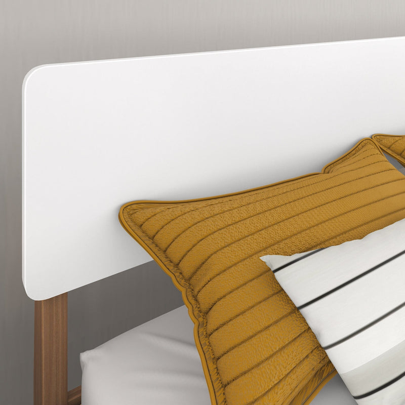 Max and Lily Mid-Century Modern Queen Size Bed in White/Pecan - close-up of the rounded headboard corner with wooden support post and pillows