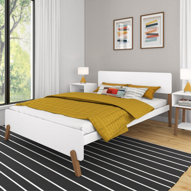 Max and Lily Mid-Century Modern Queen Size Bed in White/Pecan - angled room scene styled with a mustard quilt, matching nightstands, lamps and framed wall art
