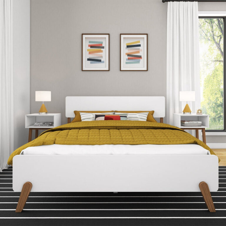 Max and Lily Mid-Century Modern Queen Size Bed in White/Pecan - front-facing room scene with mustard bedding, two nightstands with lamps and framed artwork
